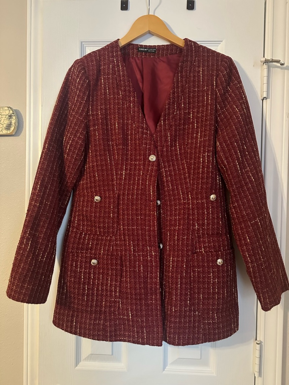 Chico's Burgundy Tweed Blazer with Subtle Metallic Thread